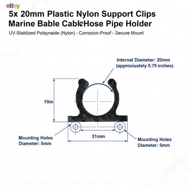 5x 15mm Plastic Nylon Support Clips - Marine Boat Hook & Pipe Storage Holder - Technical specification image 2