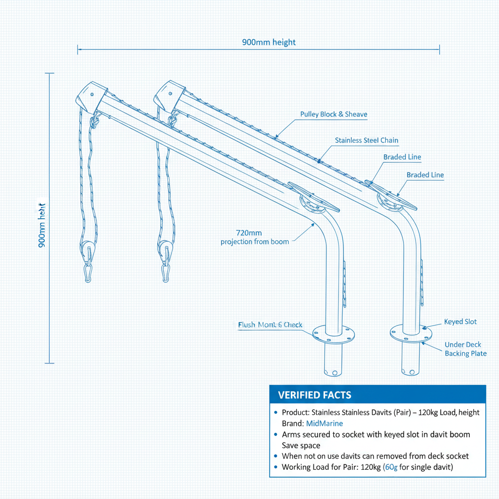 Stainless Steel Davits (Pair) – 120kg Load, 900mm height - Technical specification image 2