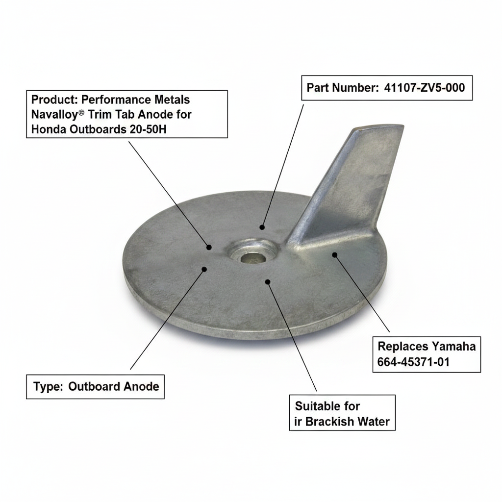 Performance Metals Navalloy® Trim Tab Anode for Honda Outboards 20-50H - UK Stock image 1