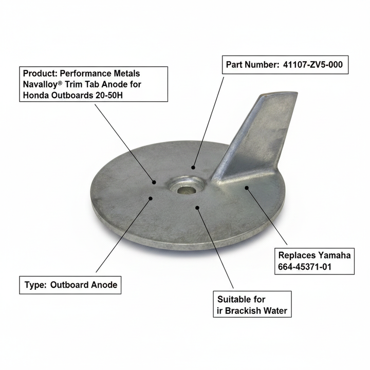 Performance Metals Navalloy® Trim Tab Anode for Honda Outboards 20-50H - UK Stock image 1