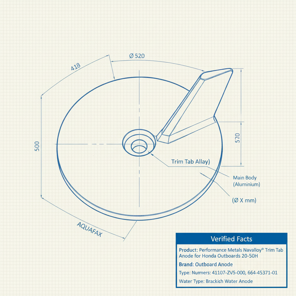 Performance Metals Navalloy® Trim Tab Anode for Honda Outboards 20-50H - Technical specification image 2