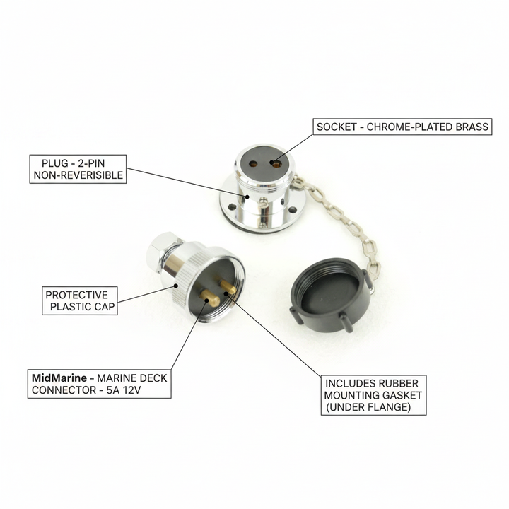 Waterproof 2-Pin Marine Deck Connector Plug & Socket with Plastic Cap - 5A 12V - Technical specification image 2