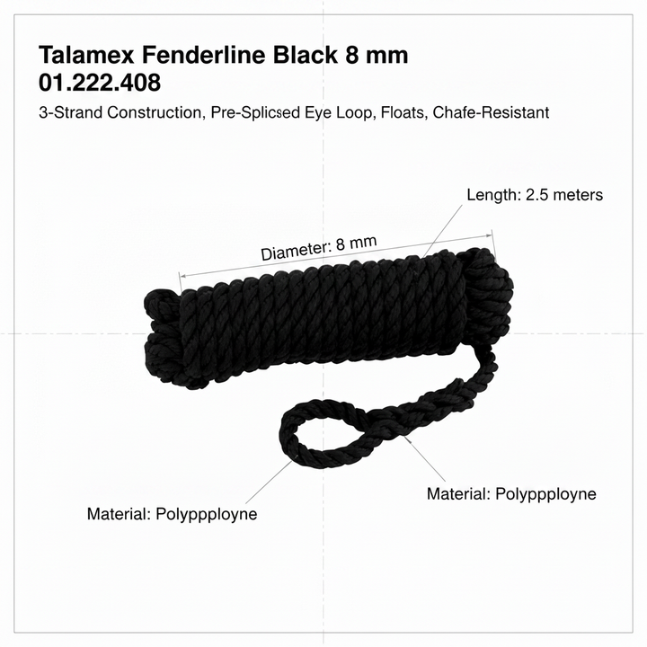 Talamex 8mm x 2.5m Black Fender Lines Pair Spliced Eye Boat Rope 01.222.408 - Technical specification image 3
