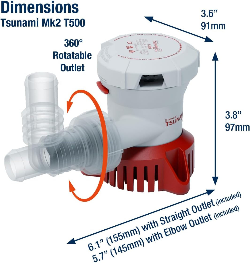 Attwood Tsunami Mk2 T500 Manual Bilge Pump 500 GPH 12V Boat Marine 5606-7