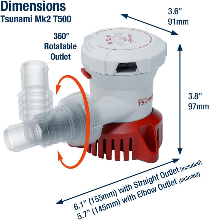 Attwood Tsunami Mk2 T500 Manual Bilge Pump 500 GPH 12V Boat Marine 5606-7