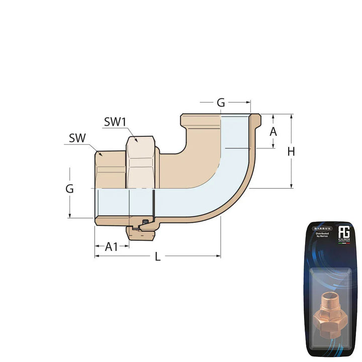 Guidi Brass 90° Brass F‑F Union, Tapered Seat & O‑Ring, 1in x | 4Boats