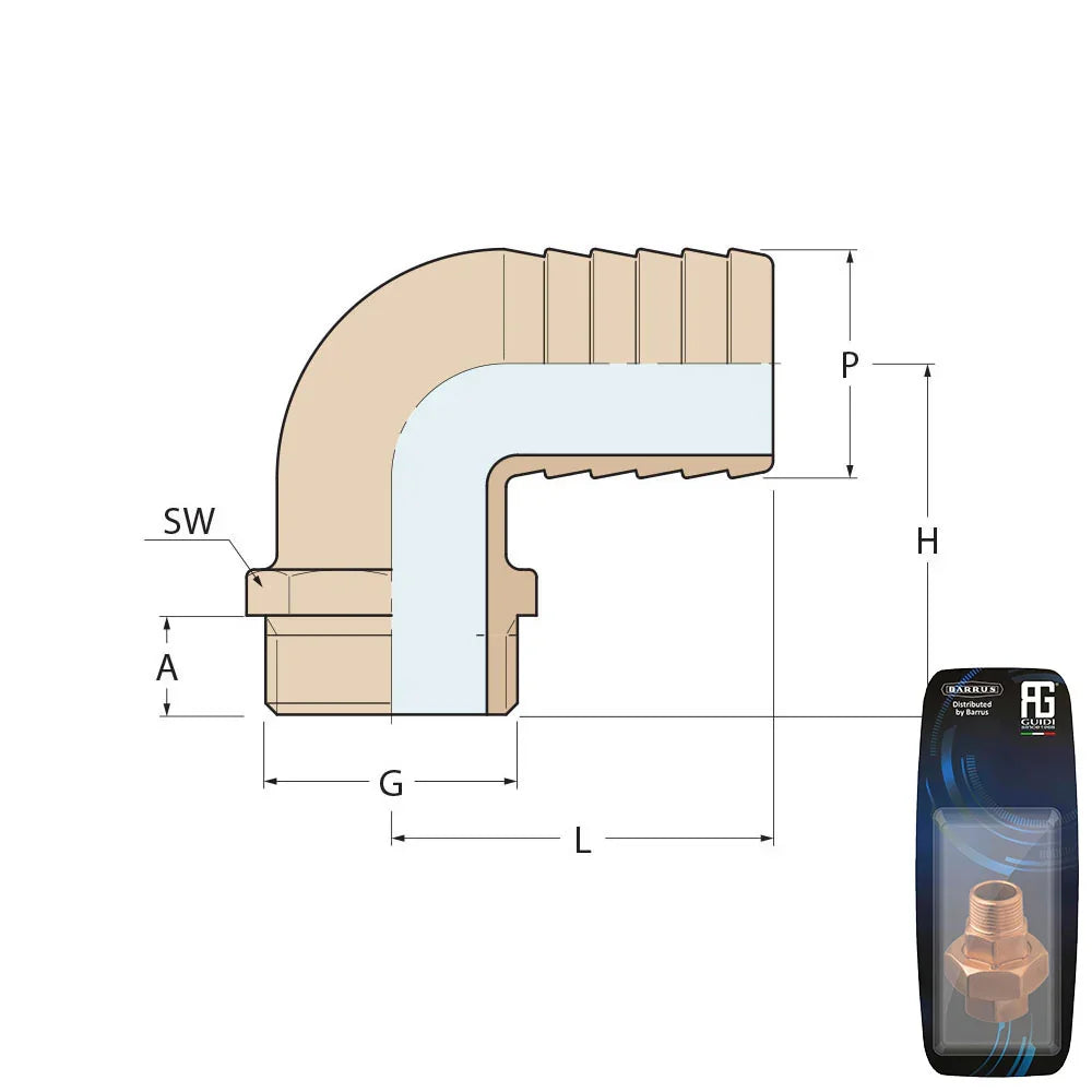 Guidi Brass 90° Hose Connector M BSP 1in x 1/4in - Retail | 4Boats