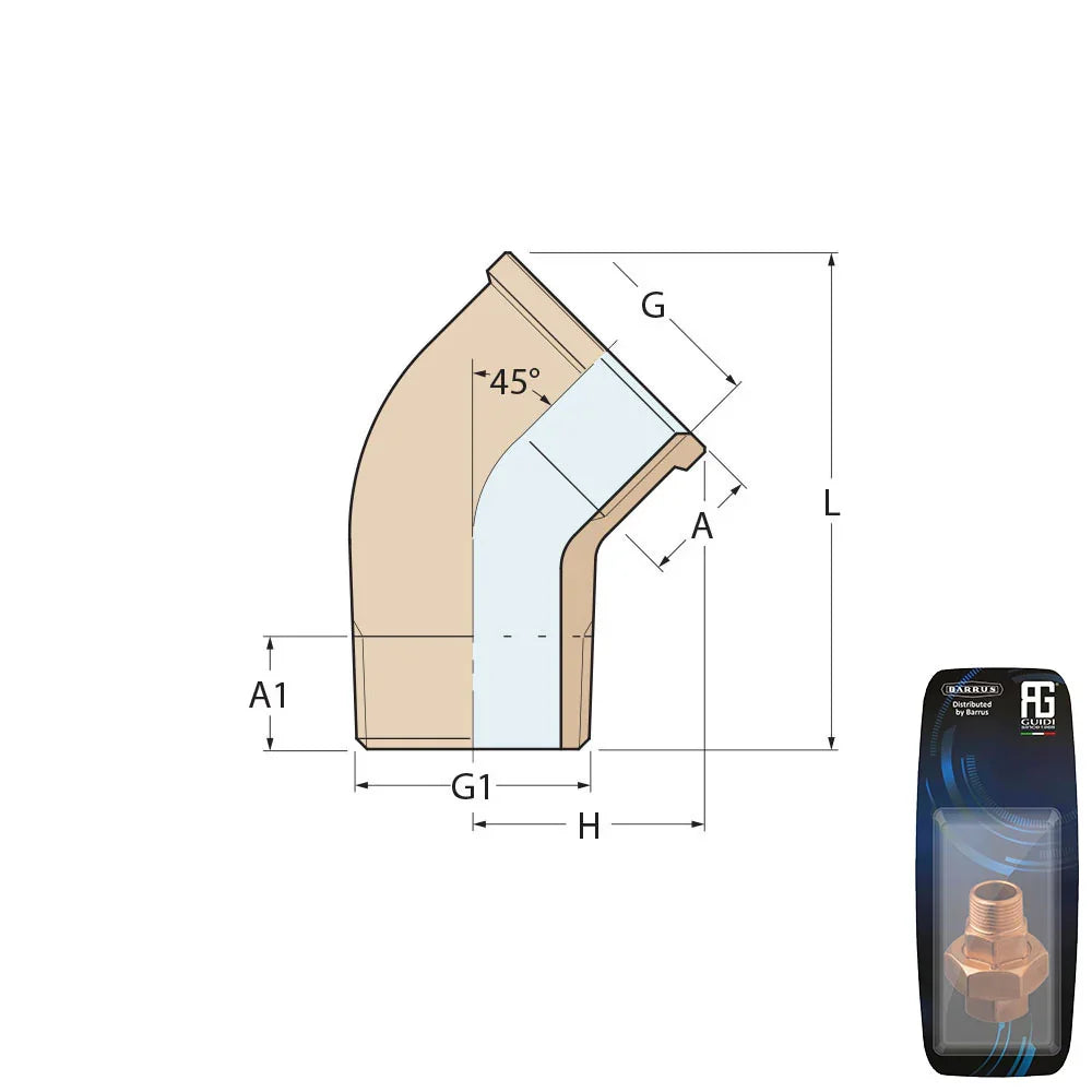 Guidi Brass 45° Elbow M-F 1 in BSP Retail Pack | 4Boats