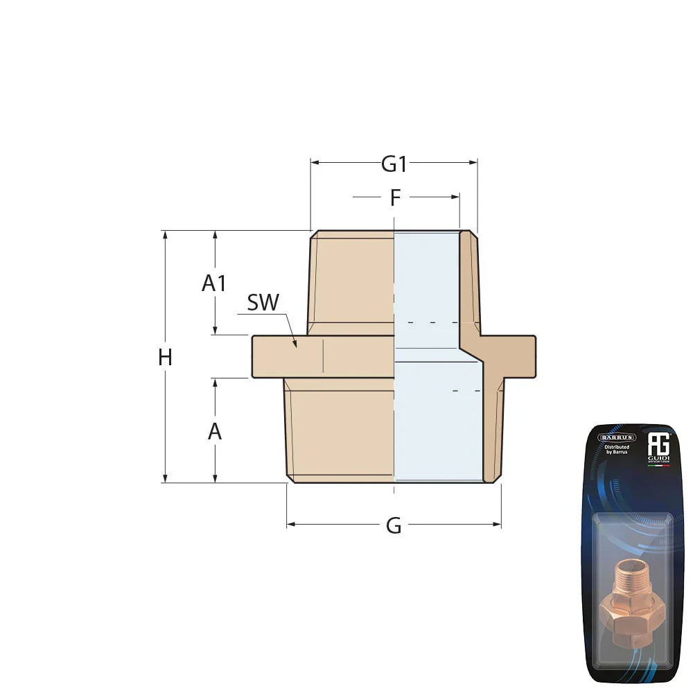 Guidi Brass Reducing Nipple M-M 50.8 × 38.1 mm, Retail Pack | 4Boats