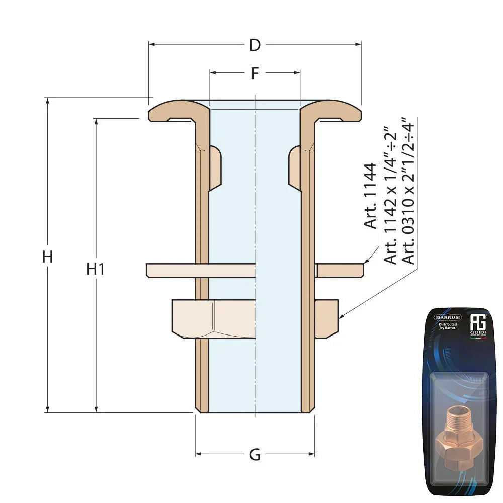 Guidi Brass Thru-Hull Connection 3/4 in Retail Packed | 4Boats