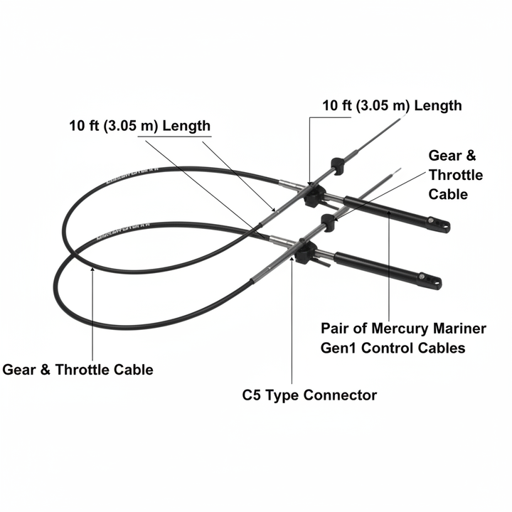 Pair 10ft Mercury Mariner Gen1 Remote Outboard Control Cable 3.05m Gear Throttle C5 Type - Technical specification image 2