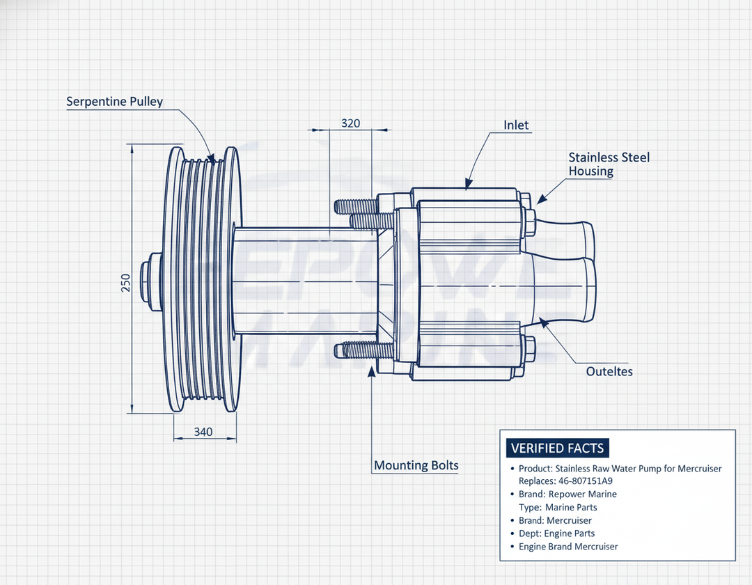 Stainless Raw Water Pump for Mercruiser Bravo & Ski, Replaces: 46-807151A9 - Technical specification image 3