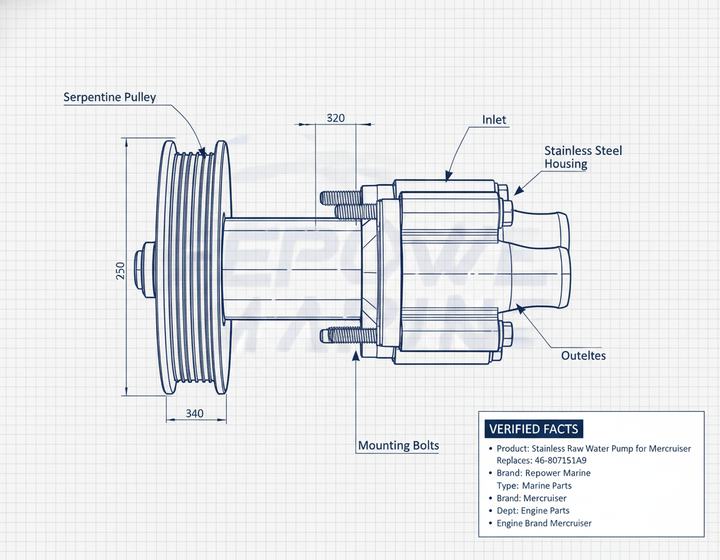 Stainless Raw Water Pump for Mercruiser Bravo & Ski, Replaces: 46-807151A9 - Technical specification image 3