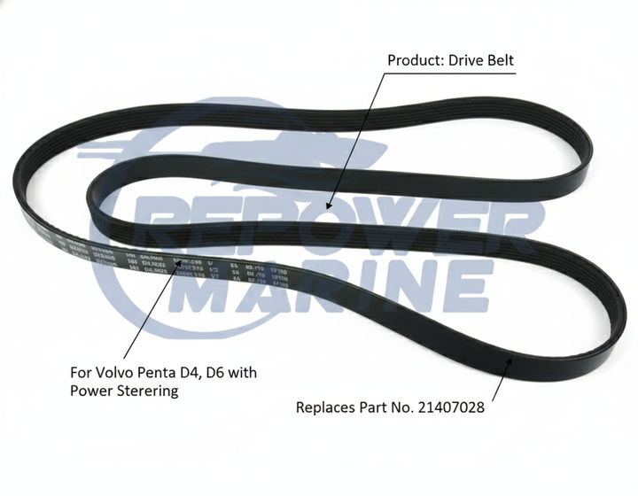 Drive Belt for Volvo Penta D4, D6 with Power Steering, Repl: 21407028 - Technical specification image 2