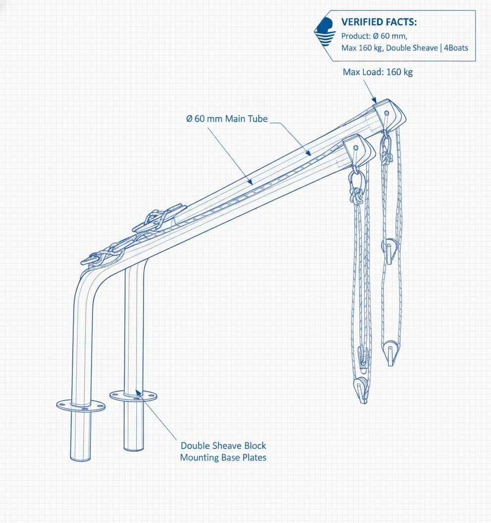 Davits Ø 60 mm, Max 160 kg, Double Sheave | 4Boats - Technical specification image 2
