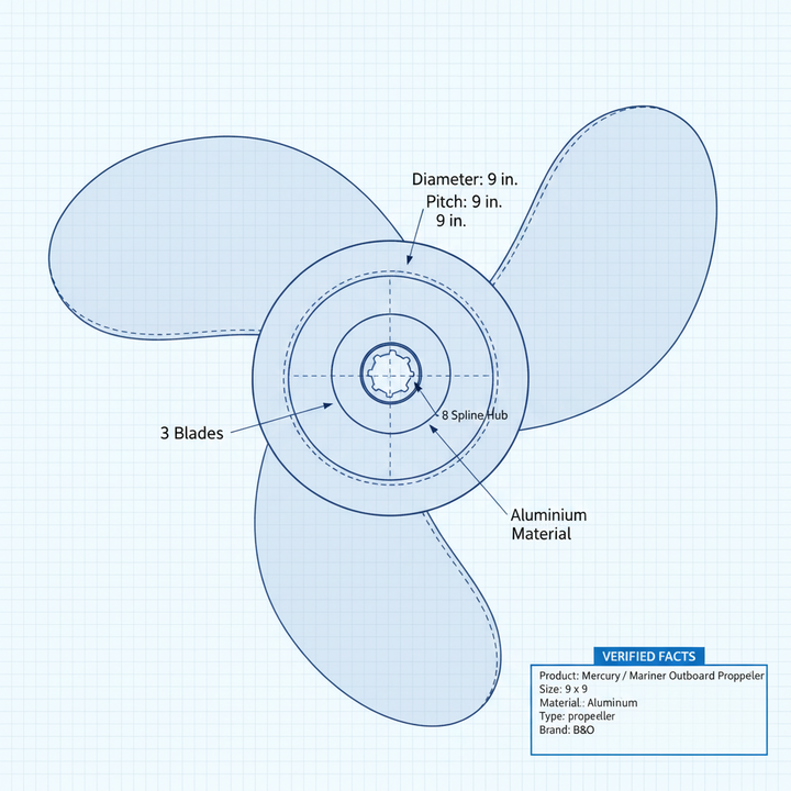 Mercury / Mariner Outboard Propeller – 9 x 9 | 8 Spline | Aluminium | 6–15HP 2-Stroke &  4-Stroke - Technical specification image 2
