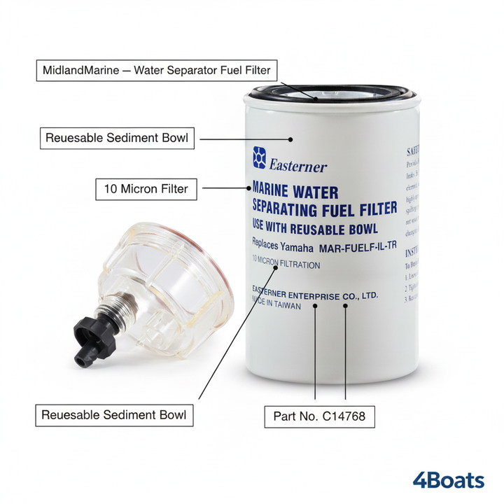 Water Separator Fuel Filter, 10 Micron — Reusable Bowl | 4Boats - Technical specification image 2