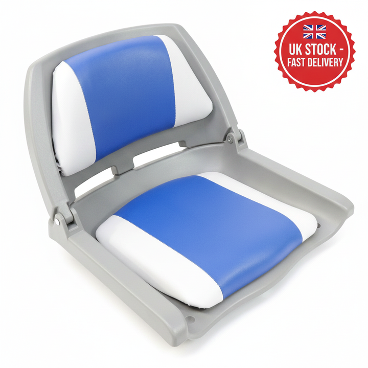 Lightweight Folding Boat Seat Grey & Blue UV Resistant Marine Grade Universal Fit - UK Stock image 1