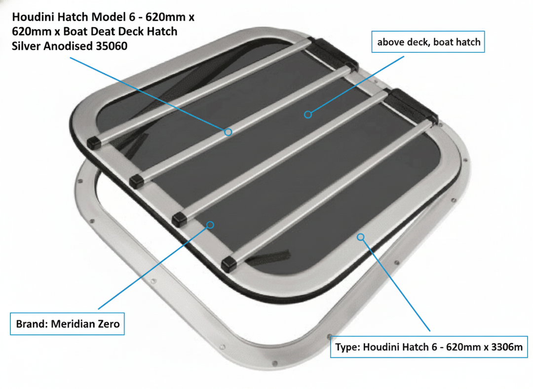 Houdini Hatch Model 6 - 620mm x 620mm Boat Deck Hatch Silver Anodised 35060 - UK Stock image 1