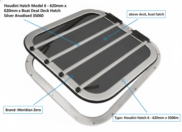 Houdini Hatch Model 6 - 620mm x 620mm Boat Deck Hatch Silver Anodised 35060 - UK Stock image 1