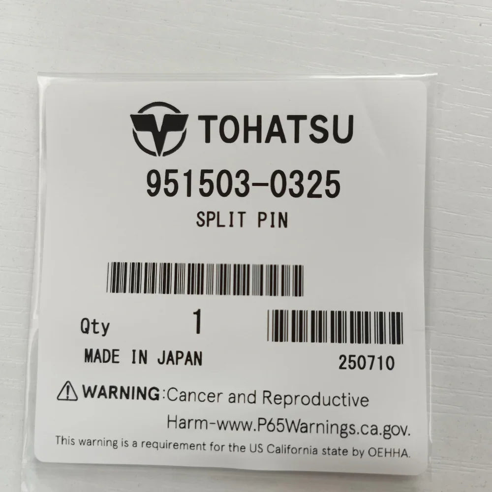 Tohatsu split pin label with product details on a white background