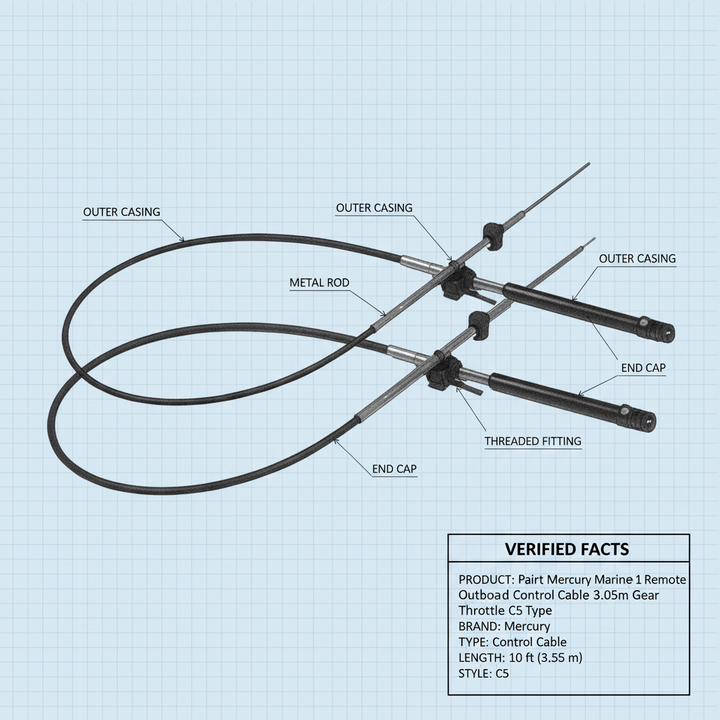 Pair 10ft Mercury Mariner Gen1 Remote Outboard Control Cable 3.05m Gear Throttle C5 Type - Technical specification image 2