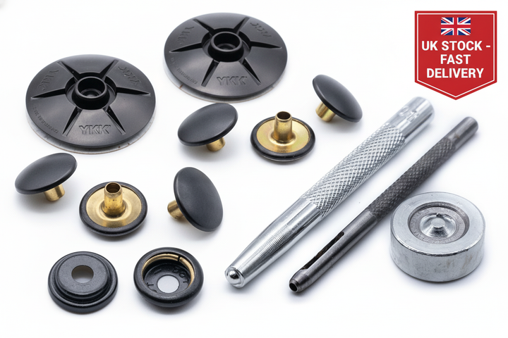 Snad YKK fastener self adhesive 40mm black domed stud kit - UK Stock image 1