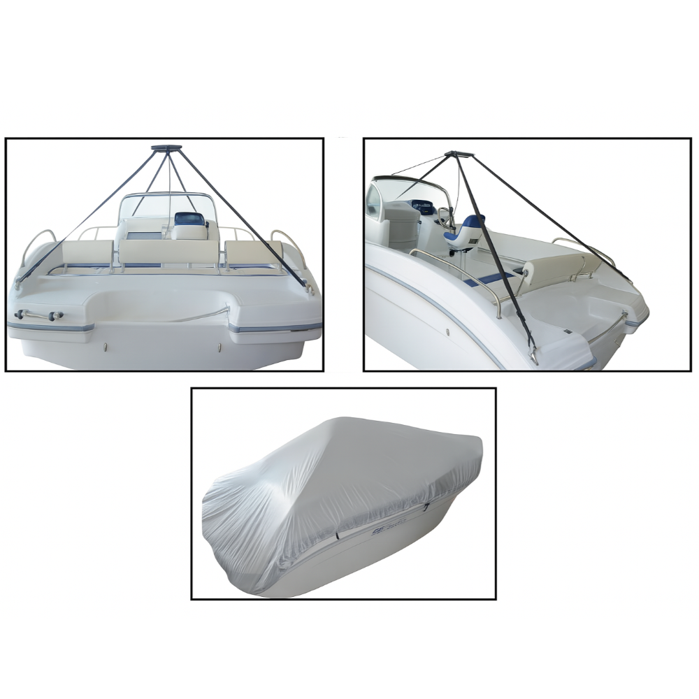 Boat with a canopy and a boat cover displayed on a white background