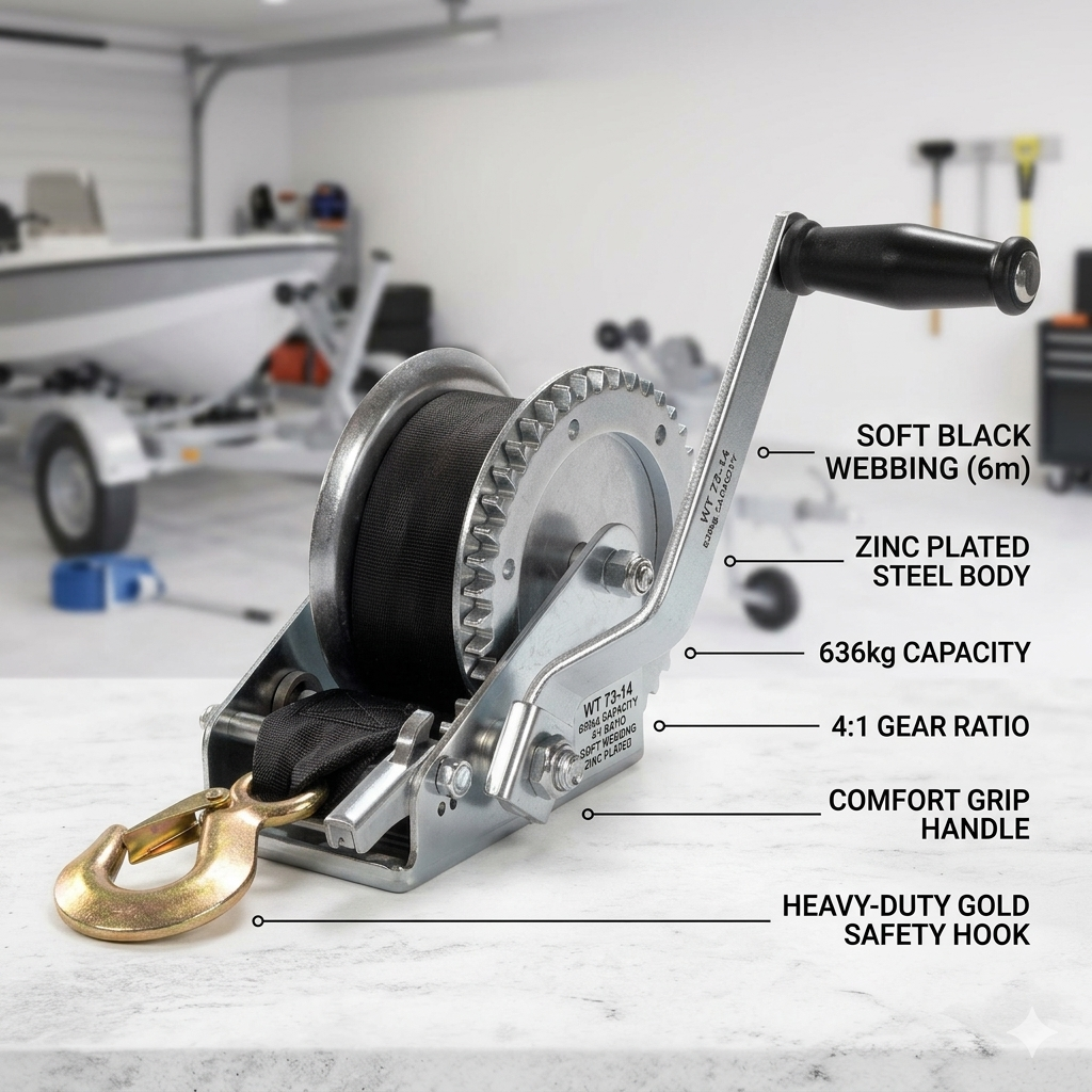 Talamex Trailer Winch WT 73-14 Soft Webbing 636kg 4:1 Ratio 6m Belt Zinc Plated