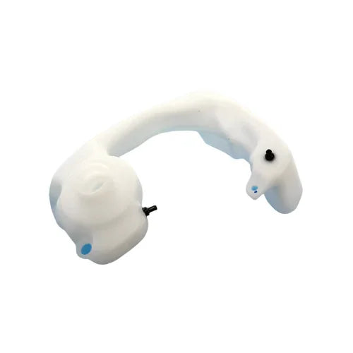 White plastic handle with black attachments on a blue background