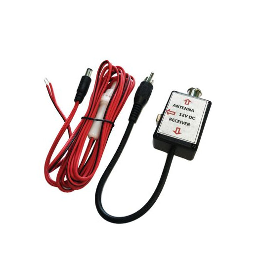 Car antenna receiver with red and black cables on a white background