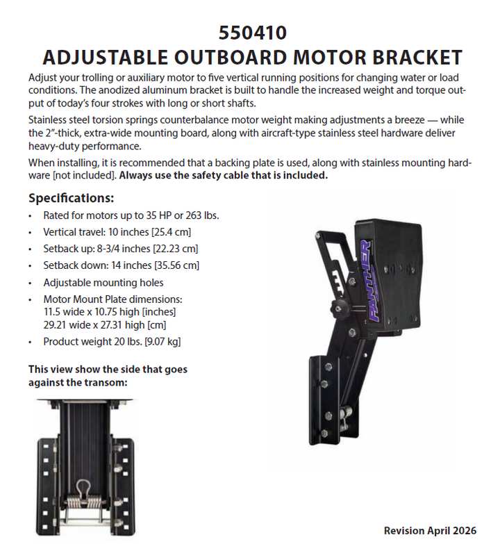 Panther 55-0410 Black Anodised Auxiliary Engine Bracket Outboard Up to 35HP