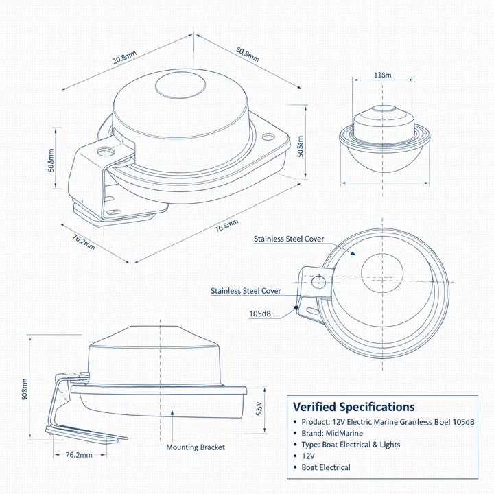 12V Electric Marine Grade Horn Stainless Steel 105dB Boat Caravan MD1137 - Technical specification image 3