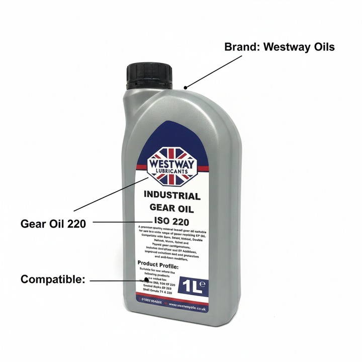 Industrial Gear Oil 220 ISO VG Mineral Yellow Metal Safe Bronze Safe - UK Stock image 1