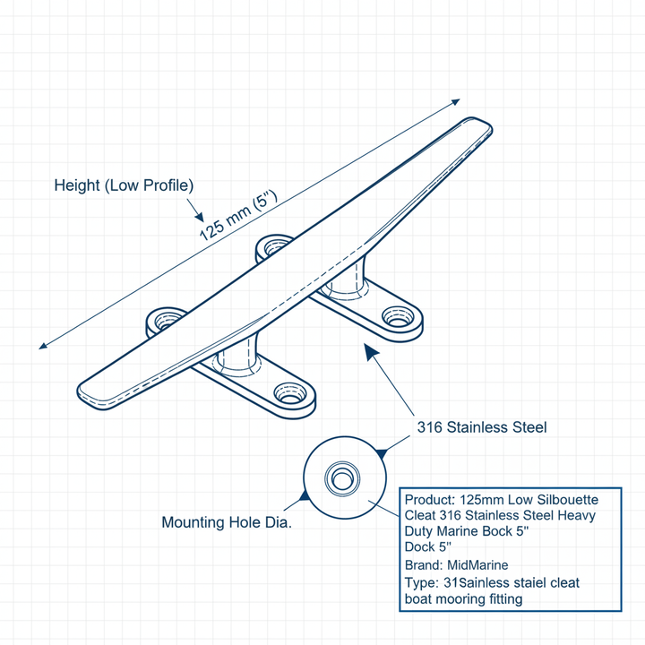 125mm Low Silhouette Cleat 316 Stainless Steel Heavy Duty Marine Boat Dock 5" - Technical specification image 3
