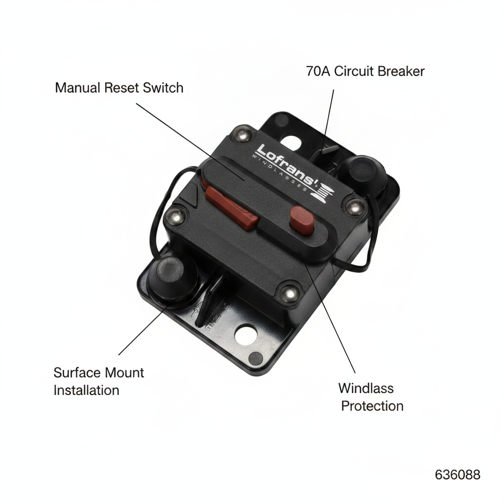 Lofrans 70A Thermal Circuit Breaker Surface Mount Windlass Protection 636088 - Technical specification image 2