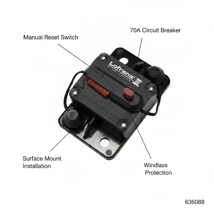Lofrans 70A Thermal Circuit Breaker Surface Mount Windlass Protection 636088 - Technical specification image 2