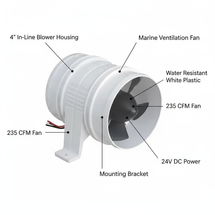 4" 24V Marine In-Line Bilge Blower 235CFM Water Resistant Boat Ventilation Fan - Technical specification image 2