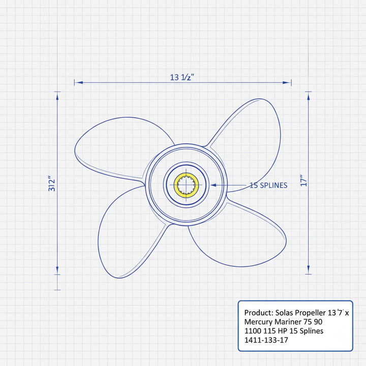 Solas Propeller 13 1/4 x 17 Mercury Mariner 75 90 100 115 HP 15 Splines 1411-133-17 - Technical specification image 3