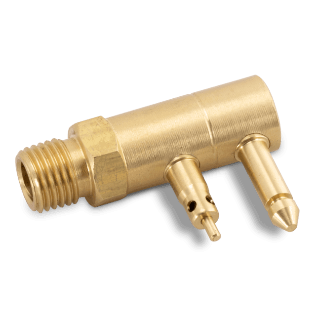 Brass male fuel tank connector with threaded end and two connection points for secure fittings