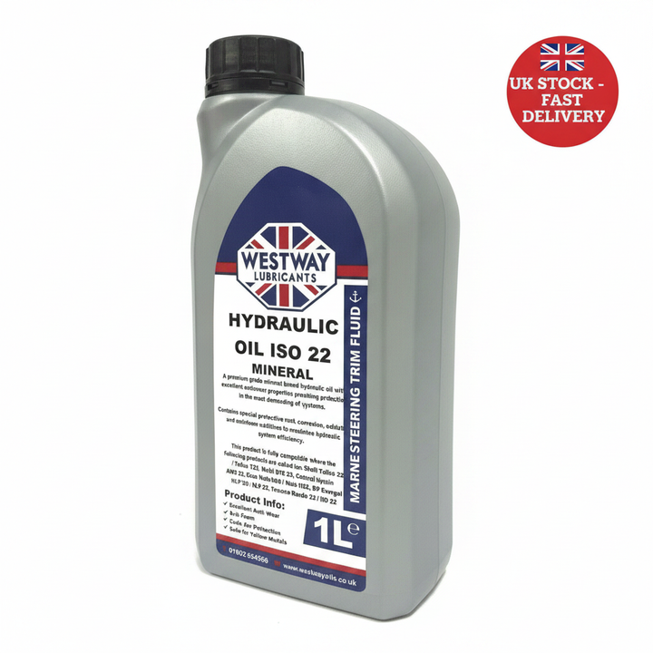 Hydraulic Oil ISO 22 Marine Steering Trim Tilt Fluid - UK Stock image 1