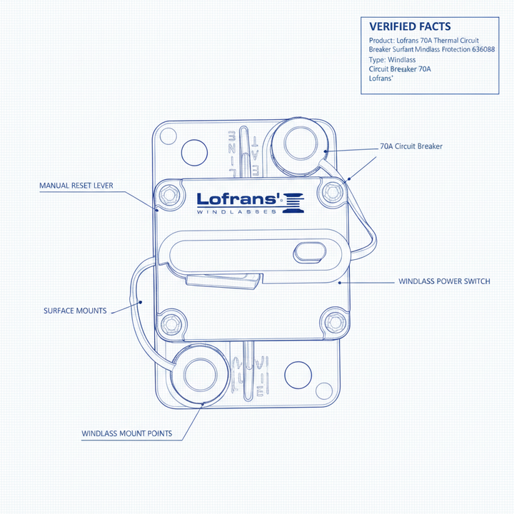 Lofrans 70A Thermal Circuit Breaker Surface Mount Windlass Protection 636088 - Technical specification image 3