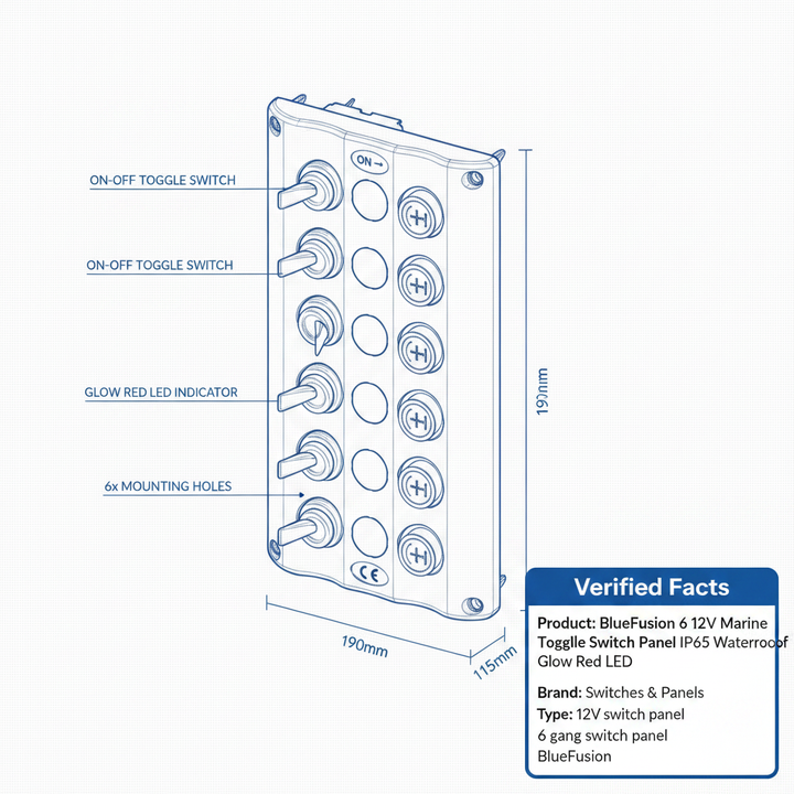 BlueFusion 6 Gang 12V Marine Toggle Switch Panel IP65 Waterproof Glow Red LED - Technical specification image 3