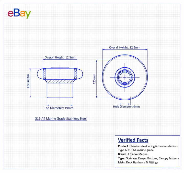 Stainless steel lacing button mushroom Type A 316 A4 marine grade - Technical specification image 3