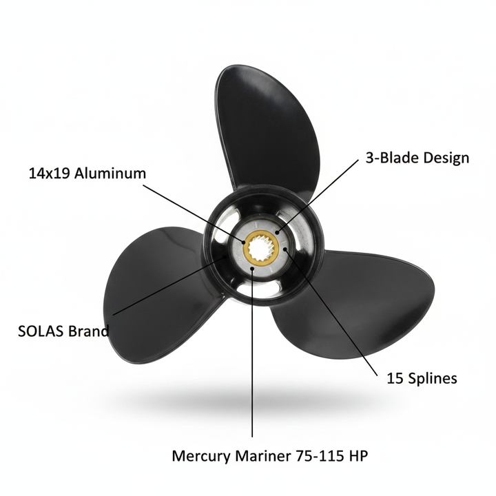 Solas 14x19 Aluminum Propeller Mercury Mariner 75 90 100 115 HP 15 Splines - Technical specification image 2