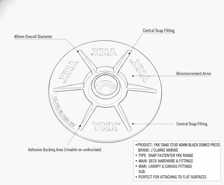 YKK Snad STUD 40mm black domed press snap self adhesive fastener - Technical specification image 3