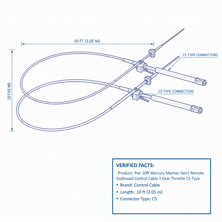 Pair 10ft Mercury Mariner Gen1 Remote Outboard Control Cable 3.05m Gear Throttle C5 Type - Technical specification image 3