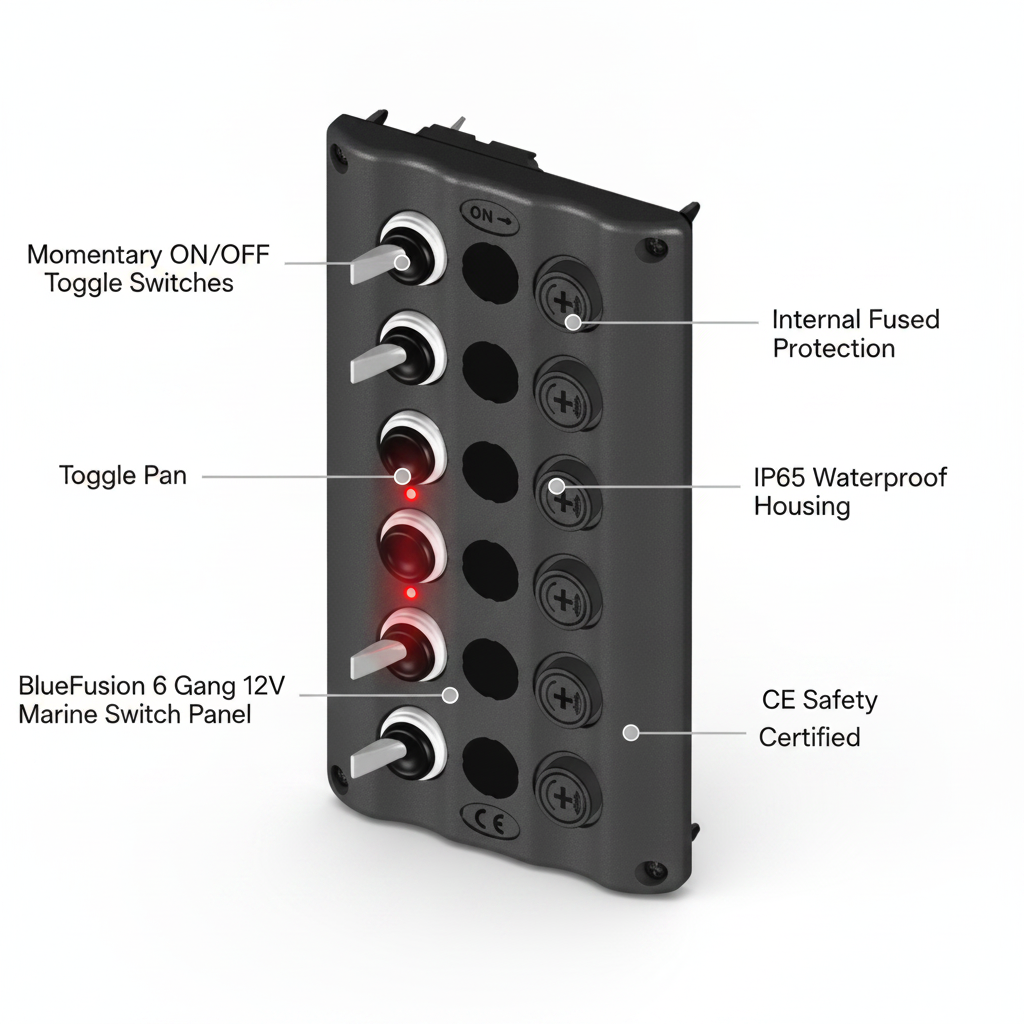 BlueFusion 6 Gang 12V Marine Toggle Switch Panel IP65 Waterproof Glow Red LED - Technical specification image 2