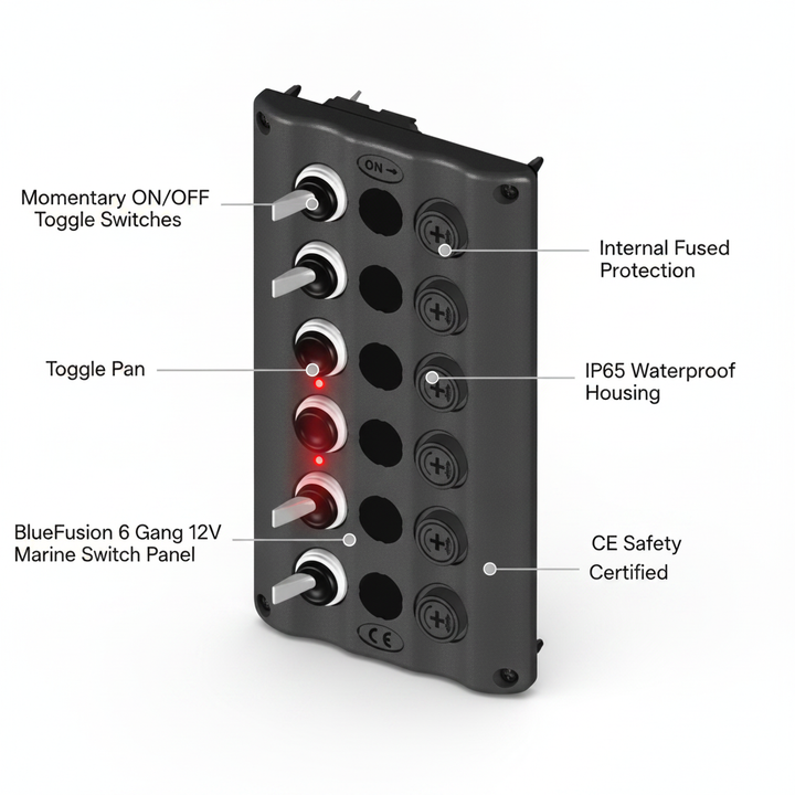 BlueFusion 6 Gang 12V Marine Toggle Switch Panel IP65 Waterproof Glow Red LED - Technical specification image 2