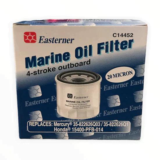 Easterner marine oil filter in packaging designed for 4-stroke outboard engines, 20 micron filtration
